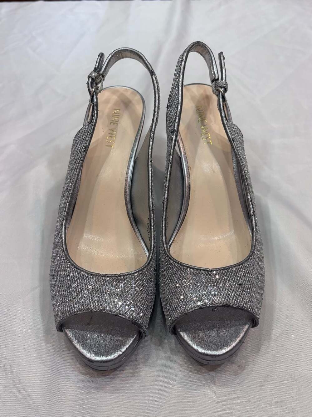 Nine West Silver Glitter Slingback Heels